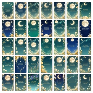 Macro view of 36 motivational affirmation cards featuring floral and celestial moon designs