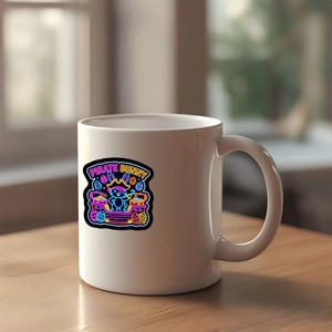 Close-up of a white ceramic mug featuring a neon pirate bunny print on a wooden desk