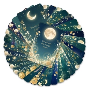 Inspirational affirmation cards with gold floral and moon phase motifs on starry background