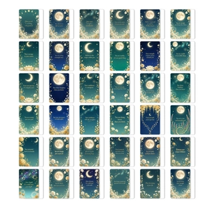 Set of 36 motivational cards with floral and moon designs in dark green and gold colors