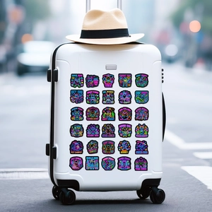 Neon cartoon animal stickers on a white suitcase featuring rabbit and chicken designs