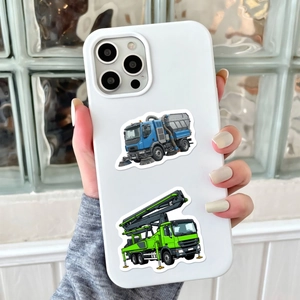 Detail of white phone case with realistic blue sweeper truck and green concrete pump stickers