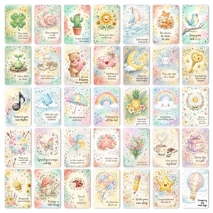 Grille détaillée de 35 cartes d'affirmation en aquarelle avec des citations inspirantes