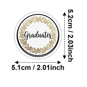 Detail view showing 5.2cm round black and gold Graduates stickers for party favors