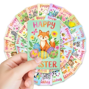 Macro view of cartoon animal Easter cards with Happy Easter text and colorful eggs
