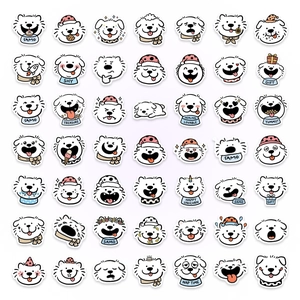 Flat lay of 49 waterproof cartoon dog stickers with diverse cute emotional expressions