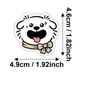 Detailed dimensions of a cute cartoon puppy sticker with 4.9cm width and 4.6cm height