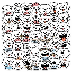 Macro detail of various cute Samoyed puppy stickers with diverse facial expressions
