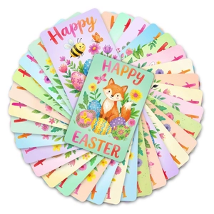 Flat lay of colorful Easter cards featuring cute cartoon foxes, bees, and hand-painted eggs