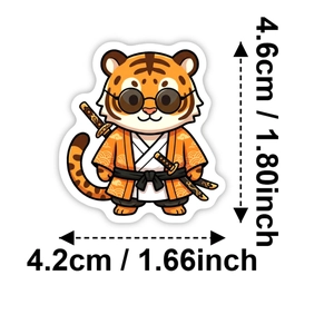 Waterproof cartoon tiger samurai sticker with size dimensions 4.2cm by 4.6cm for laptops