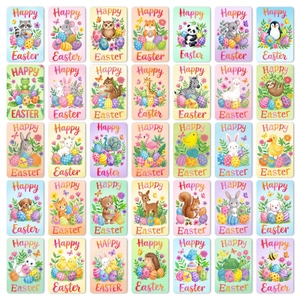 Set of 35 cute cartoon animal Happy Easter greeting cards with colorful egg patterns