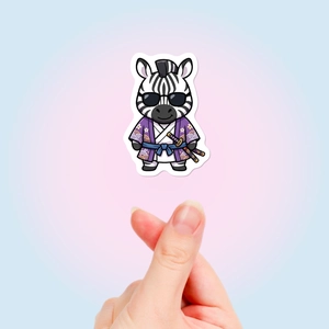 Close-up of a waterproof cartoon zebra ninja sticker with purple kimono and samurai sword