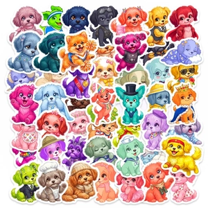 Detailed view of colorful cartoon poodle stickers in various outfits for DIY decor