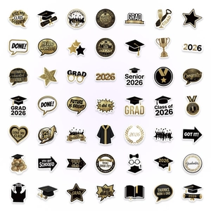 Detailed grid of 50 black and gold graduation stickers with Class of 2026 motifs