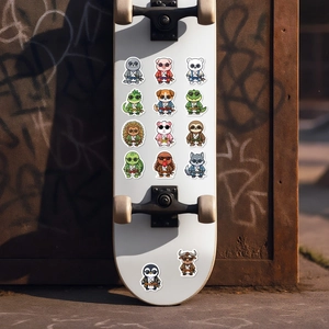 Cool cartoon animal stickers in samurai outfits displayed on a white skateboard