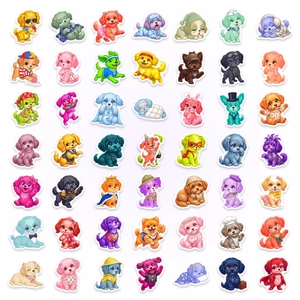 Detailed grid of 49 cartoon dog stickers with diverse roles for planners and water bottles