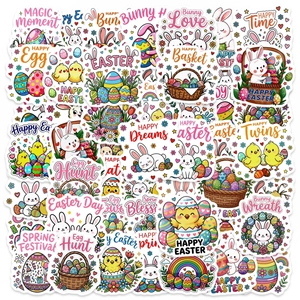 Close-up of Easter stickers set with watercolor rabbits, colorful eggs and chicks