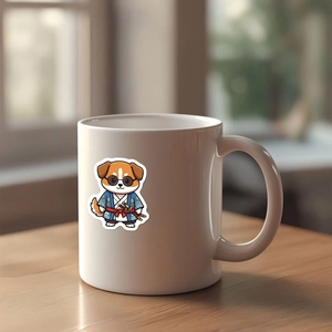 Close-up of a white ceramic mug featuring a cartoon samurai dog with sunglasses on a wood table
