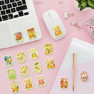 Vista superior de pegatinas de frutas tropicales para decorar portátiles y agendas