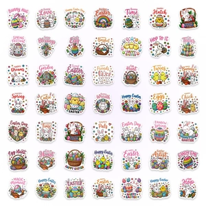 Detailed grid display of 49 assorted watercolor Easter stickers with bunny and egg designs