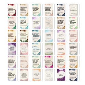 Grille détaillée de 36 cartes d'affirmation à l'aquarelle avec dorure et citations motivantes