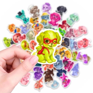Close-up of a cute cartoon dog sticker with a red mask and backpack for decoration