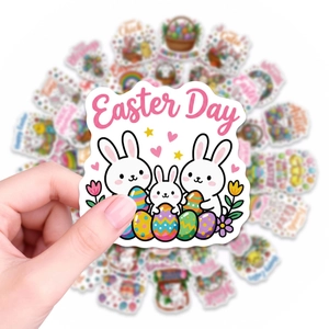 Detail of waterproof Easter stickers featuring watercolor rabbits, eggs and floral patterns