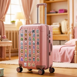 Cartoon animal samurai stickers set applied on a pink suitcase in a cozy bedroom setting
