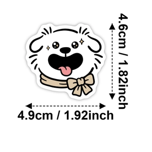 Cute white puppy sticker with beige bow and waterproof vinyl material for laptop decor