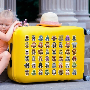 Waterproof cartoon animal stickers featuring pandas and tigers on a yellow travel suitcase