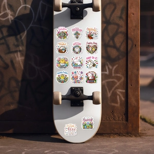 Waterproof Easter stickers with watercolor rabbits and eggs on a white skateboard
