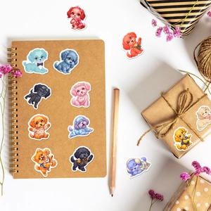 Detail of cute cartoon dog stickers on a kraft notebook and gift box packaging