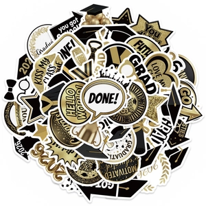 50-piece gold and black graduation stickers featuring caps, trophies, and diploma motifs