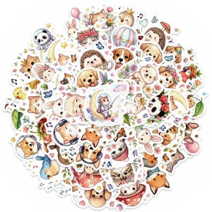 Flat lay of waterproof cartoon animal stickers featuring cute cats, dogs and pandas