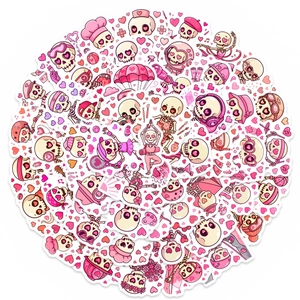 Detailed spread of pink skeleton stickers with funny cartoon themes for DIY decor