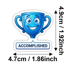 Sticker trophée bleu avec texte Accomplished et dimensions de 4,9 cm indiquées