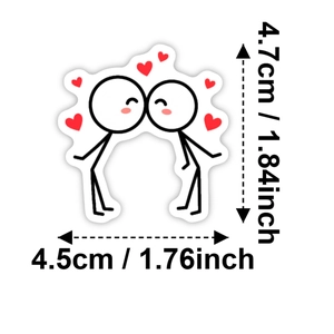 Detail view of stickman couple kissing sticker with red hearts and dimensions 4.5x4.7cm