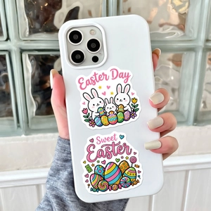 Close-up of white Easter silicone phone case with cute watercolor bunny and egg prints