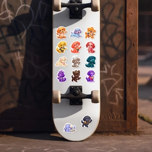 Close-up of 14 pieces of cute waterproof cartoon dog stickers on a white skateboard deck
