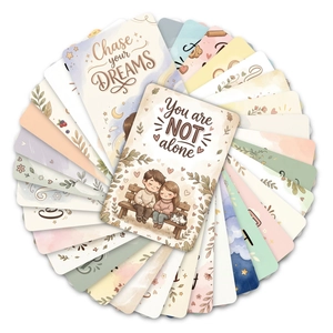 Set mit 36 heilenden Cartoon-Illustrationskarten mit inspirierenden englischen Zitaten