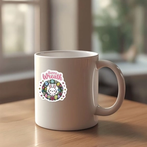 Close-up of Easter bunny and flower wreath sticker on a white ceramic mug on wooden table