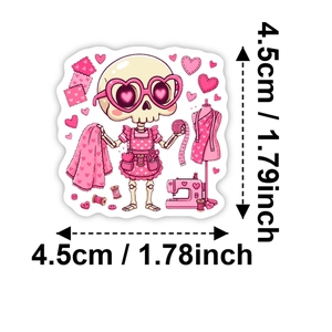 Pink heart-themed skull sewing sticker with detailed size dimensions for DIY craft use
