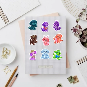 Cute cartoon dog stickers set on a grid notebook with creative stationery decorations