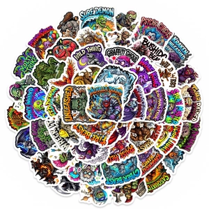 Detailed view of colorful PVC waterproof monster stickers for laptops and luggage