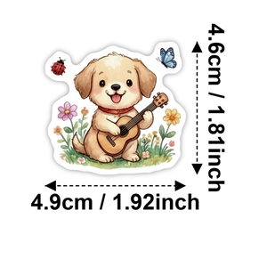 Detailed size view of cartoon dog sticker with dimensions 4.9cm by 4.6cm on white background