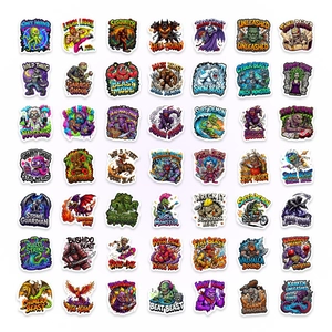 Detailed grid layout of 49 unique waterproof cartoon monster graffiti stickers set
