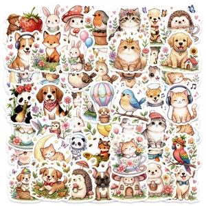 Detailed spread of cute watercolor animal stickers including cats, dogs and rabbits