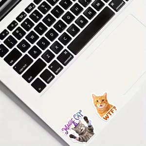 Funny cat meme stickers showing magic tabby and shocked orange cat on a laptop