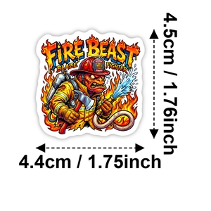 Detail showing Fire Beast cartoon sticker with size measurements for laptops and water bottles