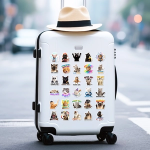 Close-up of funny meme cat stickers applied on a white suitcase for decoration